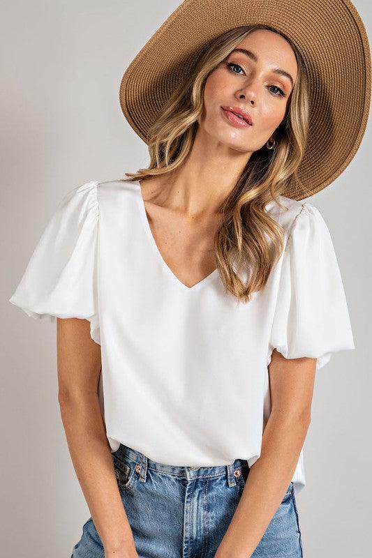 V-NECK PUFF SLEEVE BLOUSE TOP - Adaline Hope Boutique