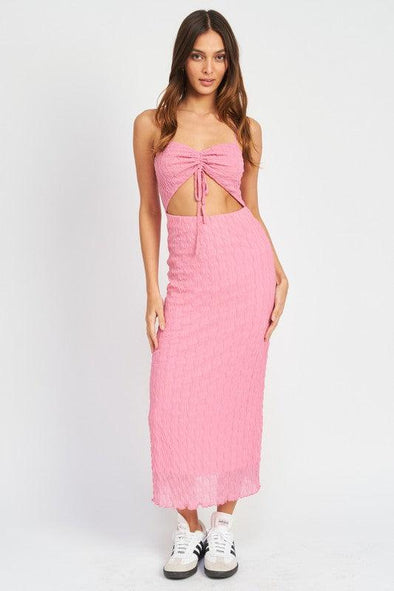 SPAGHETTI STRAP MIDI DRESS WITH CUT OUT - Adaline Hope Boutique