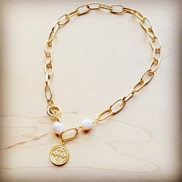 Gold Chain with Freshwater Pearl Accents and charm