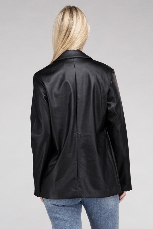 Sleek Pu Leather Blazer with Front Closure