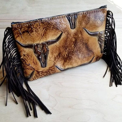 Embossed Tan Bull head Leather Clutch Handbag ONLINE EXCLUSIVE - Adaline Hope Boutique