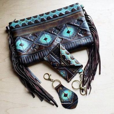 Blue Navajo Leather Embossed Clutch Handbag ONLINE EXCLUSIVE - Adaline Hope Boutique
